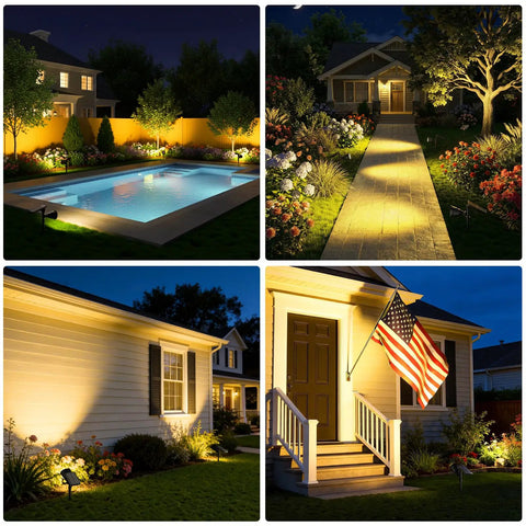 600 Lumen Solar Outdoor Lights illuminating backyard, walkway, garden, and patio. Waterproof spotlights in warm white, 4 pack.