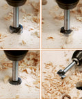 KENDO 16-piece alloy steel Forstner bit set with storage case; front, side, close-up and installed views drilling wood.