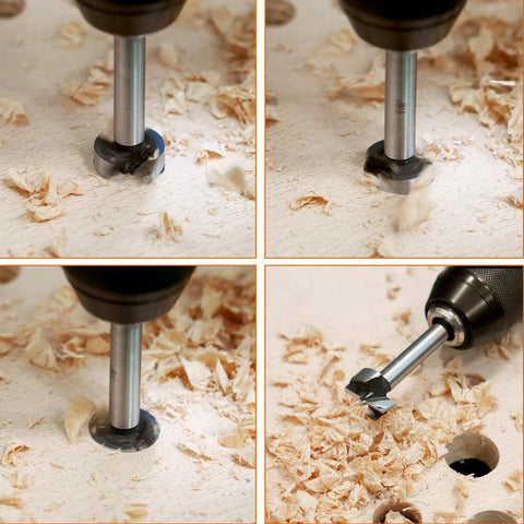 KENDO 16-piece alloy steel Forstner bit set with storage case; front, side, close-up and installed views drilling wood.