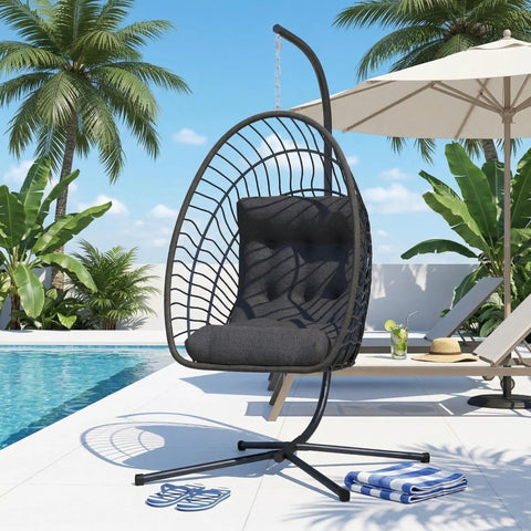 Black Egg Chair With Stand For Indoor Outdoor Use by pool, Foldable Rattan Wicker Hanging Swing, Thick Cushioned Seat, Heavy Duty, 350 Lbs Capacity