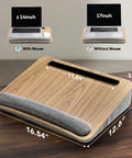 Portable Laptop Lap Desk With Pillow Cushion, Fits Up To 15.6 Inch Laptops, Anti Slip Strip, on a desk showing dimensions and mouse option