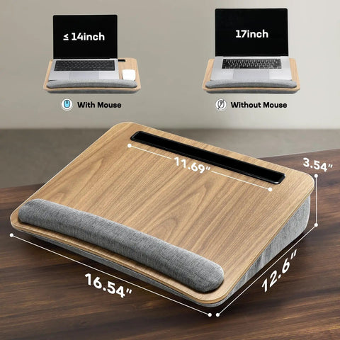 Portable Laptop Lap Desk With Pillow Cushion, Fits Up To 15.6 Inch Laptops, Anti Slip Strip, on a desk showing dimensions and mouse option