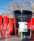 Clear water pitcher with Pure Replacement Filter For Water Pitcher That Removes Fluoride Lead Forever Chemicals Heavy Metals outdoors.