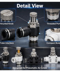 One Way Flow Control Throttle Valve For Pneumatic Systems With Push In Fitting Adjustable Air Flow Regulator For Industrial Pneumatic Lines Compatible With SL SA And SC Models And Designed For Easy Setup, black metal valve detail view