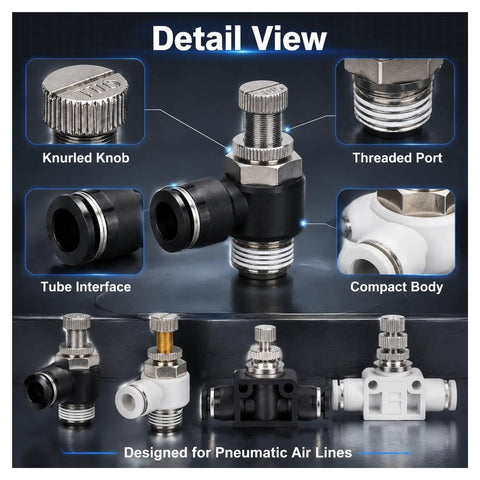 One Way Flow Control Throttle Valve For Pneumatic Systems With Push In Fitting Adjustable Air Flow Regulator For Industrial Pneumatic Lines Compatible With SL SA And SC Models And Designed For Easy Setup, black metal valve detail view