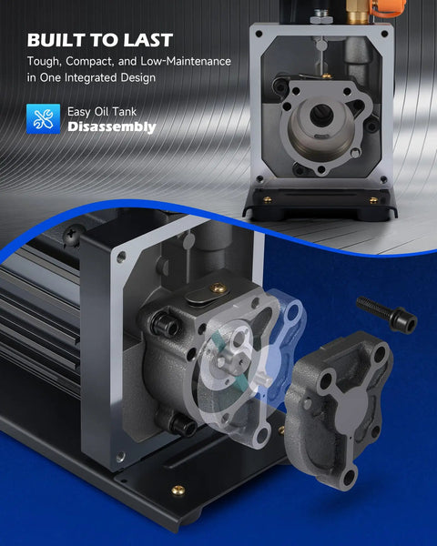 Top Shelf 4 Cfm Ac Vacuum Pump With Manifold Gauge Set And Digital Leak Detector For R1234yf R454b R410a R32 Auto Air Conditioning Repair Kit showing integrated design with disassembled oil tank.
