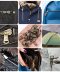 Go To Zipper Bottom Stopper Kit Set With Latch Slider Retainers And Insertion Pins For Coats Jackets And Bags Includes 4 Size Options 3 5 8 10 Bronze Metal Zipper Repair Parts For DIY Sewing Fasteners Replacement displayed with various applications on clothing, tent, and bags.