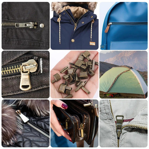 Go To Zipper Bottom Stopper Kit Set With Latch Slider Retainers And Insertion Pins For Coats Jackets And Bags Includes 4 Size Options 3 5 8 10 Bronze Metal Zipper Repair Parts For DIY Sewing Fasteners Replacement displayed with various applications on clothing, tent, and bags.