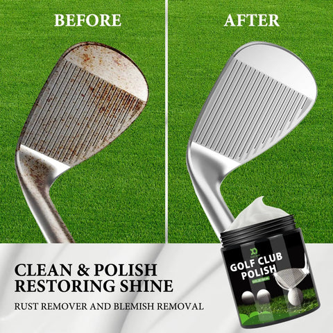 Golf Club Polish And Cleaner Kit Three In One Rust Scuff And Stain Remover For Aluminum Metal Zinc And Steel Restores Shine And Smooth Feel To Your Clubs For A Deep Clean That Brings Back Factory Gloss And Gives Your Clubs A Serious Shine On The Range Or. 10oz bottle, before and after golf club face