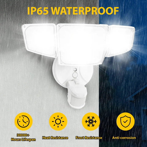 Heavy Duty Four Head Motion Sensor Security Spotlight 90W That Straight Up Blasts 10k Lumens Rock Solid Daylight Flood Lamp Built Tough For Legit Garage Yard Porch Coverage