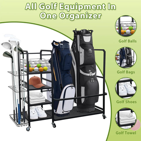 On Wheels Golf Bag Rack With Storage For Two Bags And Gear Heavy Duty Golf Organizer With wheels, clubs, shoes, and accessories