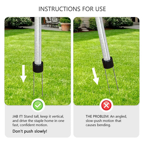 Beast Pro Grade Landscape Staples Driver 39 Inch Sod Nail Gun showing proper and improper positioning in grass
