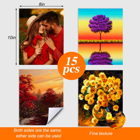8x10 Sublimation Blanks Set, 15 Double Sided Canvas Pads For DIY Photo Projects, showing four colorful printed designs.