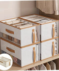 Fabric Drawer Organizers 4 Pack With Ventilation Mesh And Five Grid Layouts To Keep Your Knitwear And Casual Threads From Getting Bunched Up And Staying Smooth In Beige stacked in closet, displaying organized garments and bags.