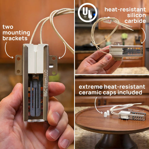 Universal Gas Oven Igniter Replacement Kit For Major Brands No Brainer Install shown with mounting brackets, cables, and ceramic caps in hand.