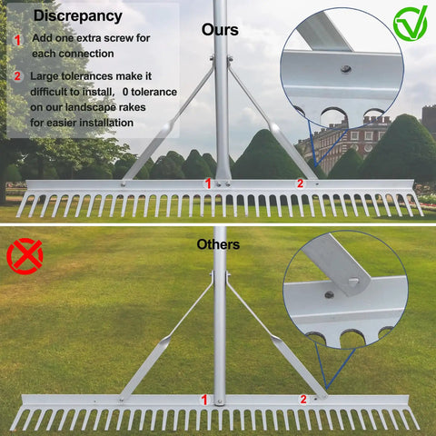 Comparison of 36 Inch Aluminum Landscape Rake With 67 Inch Handle showing difference in screw placement for stability
