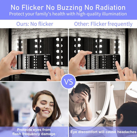 Comparison of flicker and no flicker in vanity lighting, demonstrating eye protection benefits of LED bulbs for health and comfort.