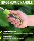 Close-up of hand holding Crack Weeder With L Shaped Blade And Soft Grip Stainless Steel Handle for effortless root pulling.