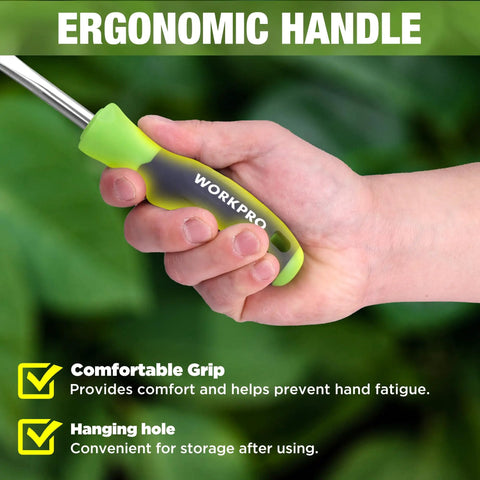 Close-up of hand holding Crack Weeder With L Shaped Blade And Soft Grip Stainless Steel Handle for effortless root pulling.