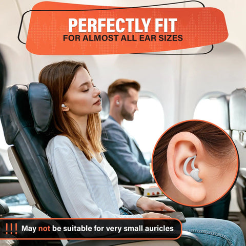 Woman using Reusable Sleep Ear Plugs With 40 dB Noise Reduction For Sleeping on a plane, detail of earplug fit