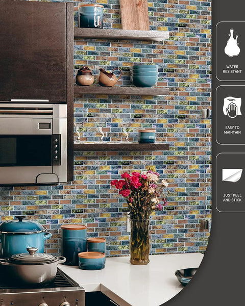 Kitchen with Peel And Stick Vinyl Backsplash Tiles 12x12 Colorful Marble Design 10 Piece Set, shelves, and blue pottery.