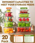 40 Piece Food Storage Containers With Lids Airtight Set showing round and rectangular containers filled with various foods.
