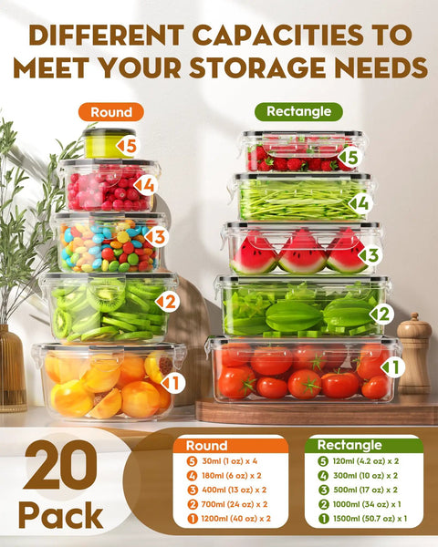 40 Piece Food Storage Containers With Lids Airtight Set showing round and rectangular containers filled with various foods.