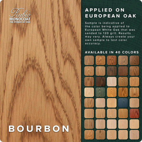 One Layer Wood Stain and Finish in Bourbon Color Oil Plus 2C Quick Dry Linseed Wood Oil color sample on European oak