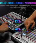 Hands adjusting controls on Eight Channel DJ Mixer With Bluetooth And USB Interface For Pro Sound DSP and effects monitoring