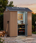 Outdoor brown shed with open door displaying tools and storage, equipped with heavy duty shed door lock latch with T handle.