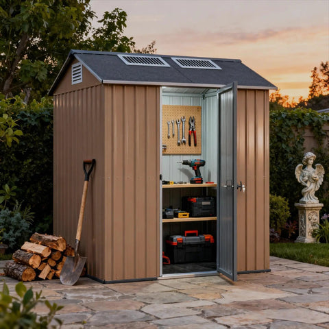 Outdoor brown shed with open door displaying tools and storage, equipped with heavy duty shed door lock latch with T handle.