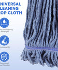 Real Deal Rock Solid Top Shelf Commercial Heavy Duty Wet Mop Heads 6 Pack Looped Cotton String Refills with blue cotton mop.