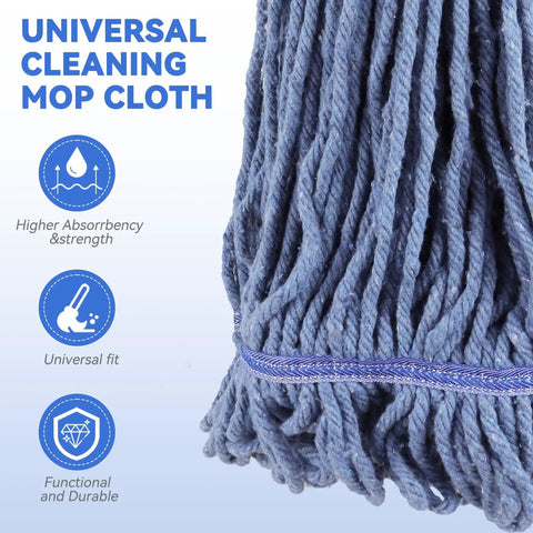 Real Deal Rock Solid Top Shelf Commercial Heavy Duty Wet Mop Heads 6 Pack Looped Cotton String Refills with blue cotton mop.
