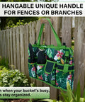 Five-Gallon Bucket Tool Organizer With 18 Pocket Garden Caddy And Hangable Handle displayed on fence
