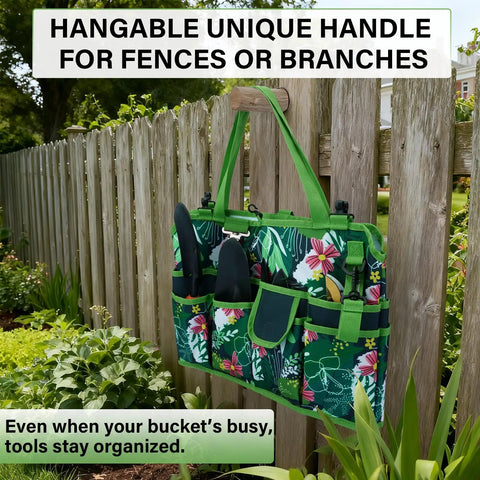 Five-Gallon Bucket Tool Organizer With 18 Pocket Garden Caddy And Hangable Handle displayed on fence