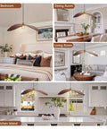 33.4" Large Wood Pendant Lights in bedroom, dining room, living room, and kitchen island settings with black walnut design.