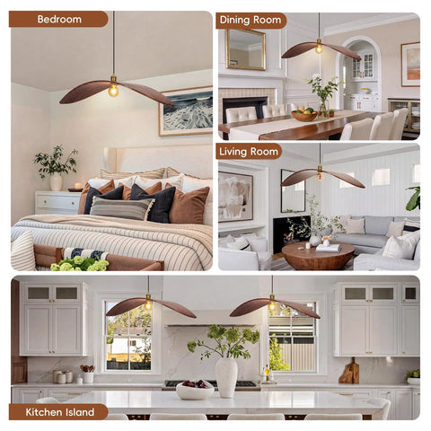33.4" Large Wood Pendant Lights in bedroom, dining room, living room, and kitchen island settings with black walnut design.