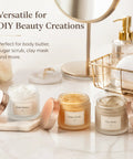 Score 16 Fresh 2 Oz Frosted Glass Sample Jars With Sleek Rose Gold Screw Caps And Tight Inner Liners Boss Grade Vessels For Body Butters Lotions Scrubs Cosmetics And Diy Crafts on a countertop with beauty products.