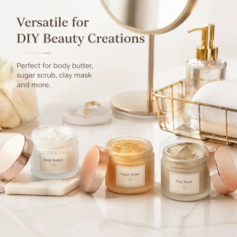 Score 16 Fresh 2 Oz Frosted Glass Sample Jars With Sleek Rose Gold Screw Caps And Tight Inner Liners Boss Grade Vessels For Body Butters Lotions Scrubs Cosmetics And Diy Crafts on a countertop with beauty products.