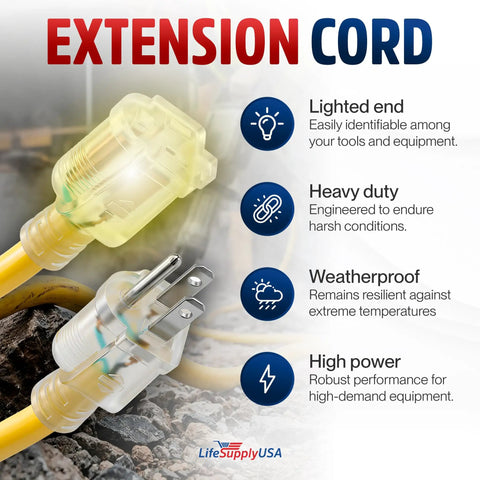 Yard Ready 100 Feet Outdoor Indoor Extension Cord With 16/3 Gauge Heavy Duty 3 Prong SJTW Waterproof Flexible Cold Resistant Long Power Cable 10A 125V 1250W Yellow showing lighted end, durability, and weatherproof features.