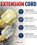 75 Foot Outdoor And Indoor Extension Cord Heavy Duty Ten Three Gauge SJTW Waterproof Flexible Cold Resistant Long Power Cable 15A 125V 1875W Yellow All Weather Workhorse For Home Renovations Construction And Jobsite Use with lighted plug and durability icons