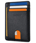 Dead Simple Minimalist Front Pocket Leather Wallet With Secure RFID Blocking For Men And Women Hella Slim Everyday Carry Low Build Cash And Card Organizer Cross Black Finish, featuring eight cards in slots.