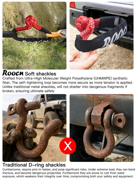 Comparison of Soft Shackle Recovery Tow Connector One Half Inch By Twenty Two Inch UHMWPE With Protective Sleeves and metal shackles