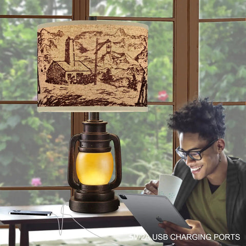 Lantern Table Lamp Set Of 2 With Nightlight And USB Power Outlet, Dark Bronze Finish, Linen Hardback Shade on desk
