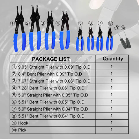 10 Piece Snap Ring Pliers Set Heavy Duty Circlip Removal Tool With Bent And Straight Pliers shown with package list