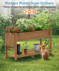 Raised Garden Bed On Legs With Wheels 57x18x30 Inches 400Lb Weight Capacity Waterproof Planter Box Weather Resistant With Storage Shelf Ergonomic 30 Inch Height Avoid Bending Easy Move With Brakes For Deck Patio Porch Teak, shown with plants, tools, and a rabbit on grass backdrop.