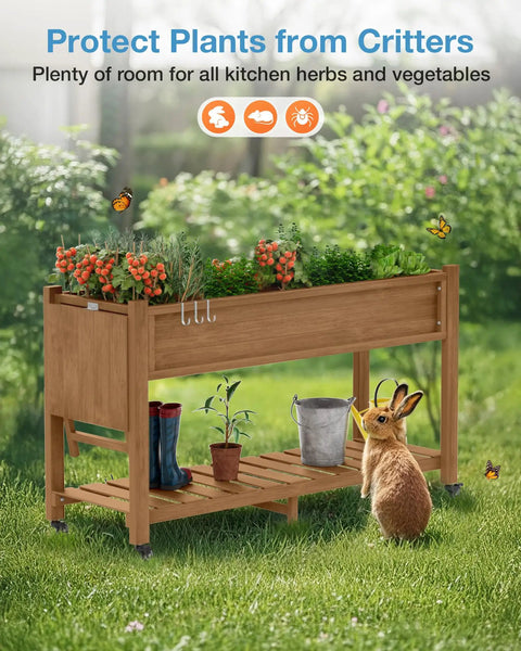Raised Garden Bed On Legs With Wheels 57x18x30 Inches 400Lb Weight Capacity Waterproof Planter Box Weather Resistant With Storage Shelf Ergonomic 30 Inch Height Avoid Bending Easy Move With Brakes For Deck Patio Porch Teak, shown with plants, tools, and a rabbit on grass backdrop.