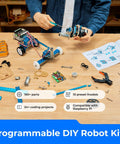 Makeblock mBot Ultimate robot kit parts spread on table: blue beams, wheels, motors, circuit board, screwdriver, manual.