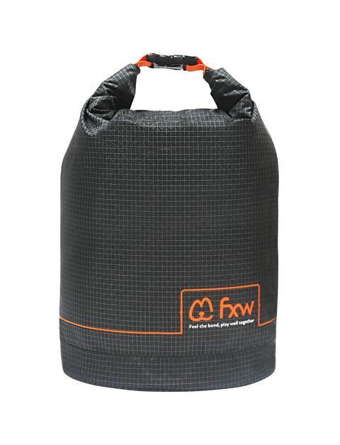 Grey dog food travel bag with roll-down top, large capacity for RV trips and camping. Collapsible kibble carrier, 21 cups.