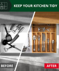 Premium Bamboo Utensil Rack And Silverware Organizer For Kitchen Drawers, showing before and after drawer organization.